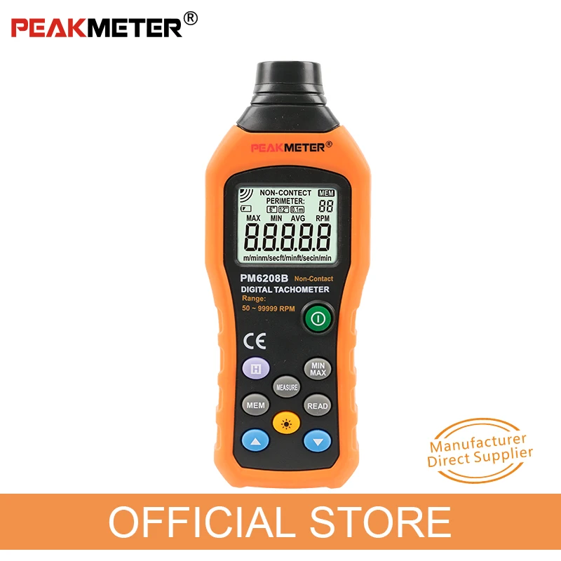 

Official PEAKMETER PM6208B Non-Contact Digital Tachometer 50~99999RPM max Speed Meter Rotation Tester