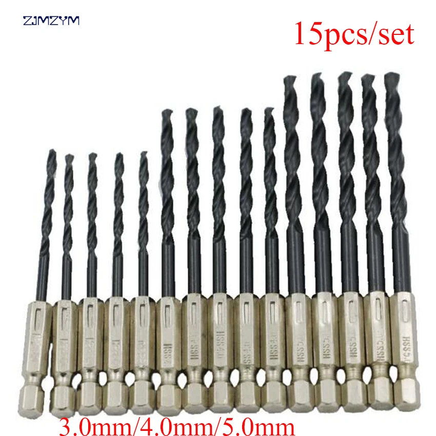 15 pçs/set 3/4/5mm 1/4 "hexagonal lidar com aço de alta velocidade nitriding torção broca para metal, madeira, ferramenta de perfuração de plástico