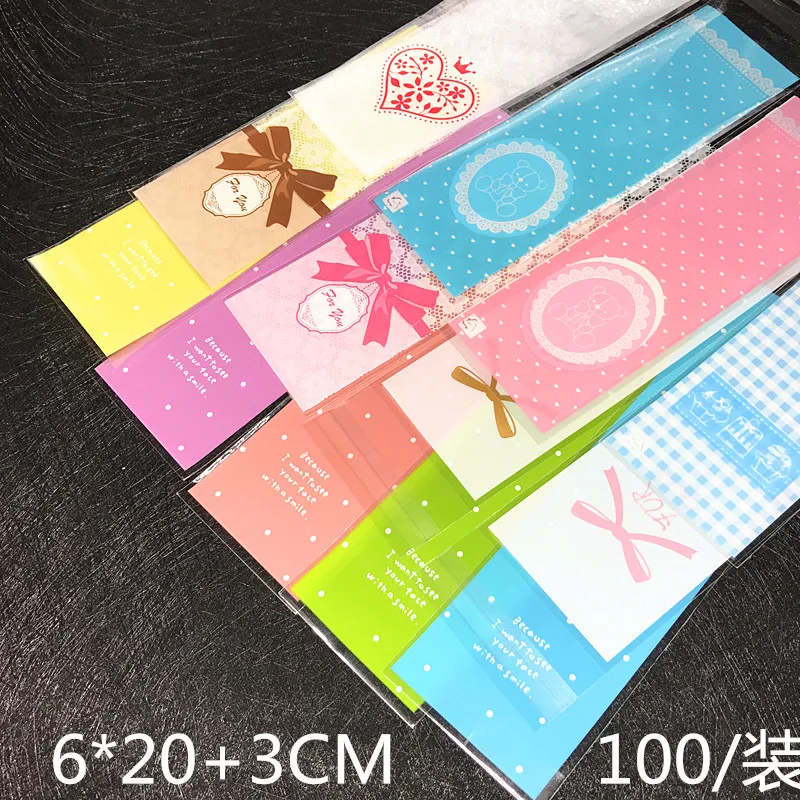 100pcs/lot  Plastic Bags 6x18cm 6x20cm Gift Candy Food Self Sealing Bags Lace Bow Cookie Long Strip Packaging Bags