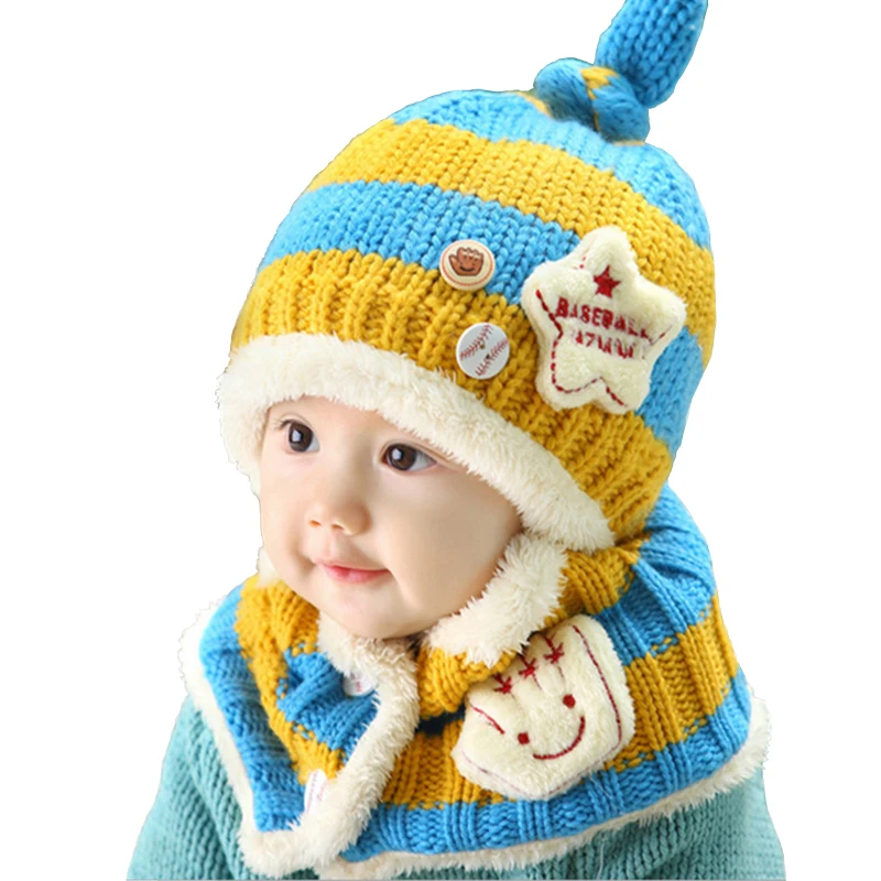 

Cute Yellow Baby Children's Knitted Winter Hat Baby Hat Ear Cap Baby Bib Suit 2Pcs/1Set Hat+Scarf