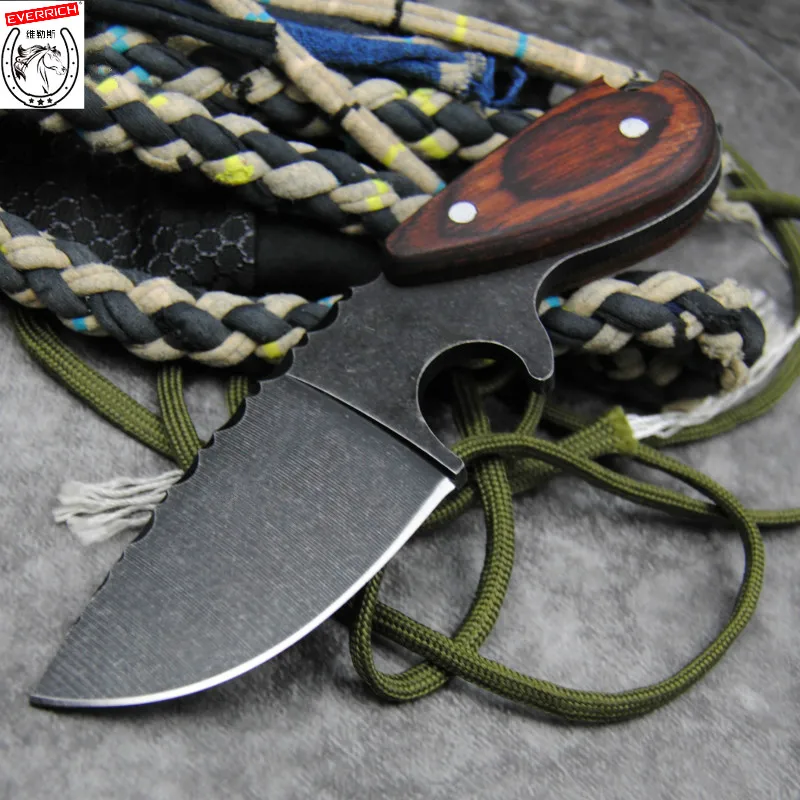 DEHONG Stone wash D2 steel Japanese straight knife, sandalwood handle outdoor hunting tactics straight knife + knife sleeve
