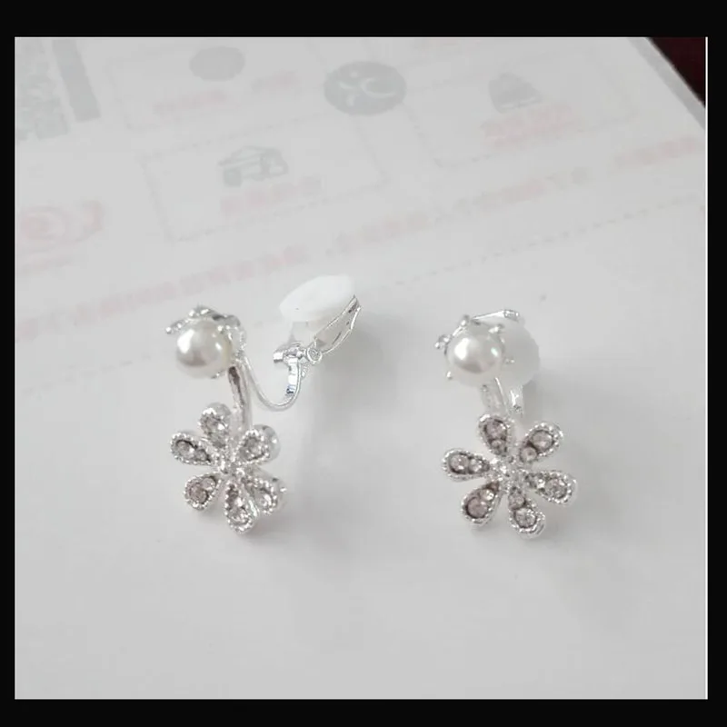 Grace Jun New Design Small Flower Rhinestone Simulated Pearl Clip on Earrings Without Piercing  for Women  Ear Clip Korea Style