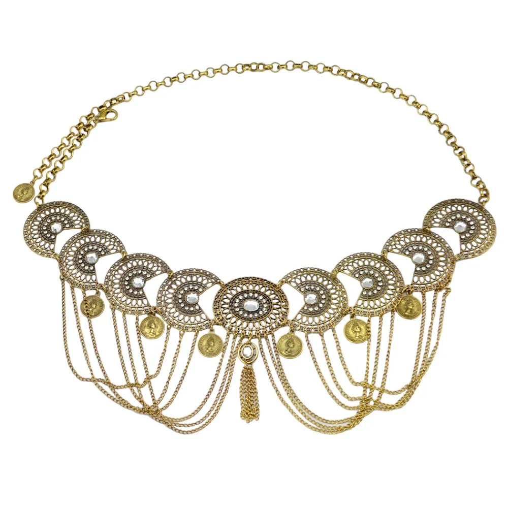 

Gypsy Bohemian Belly Chains Bronze Inlay Crystal Flower Tassel Coin Belly Dance Belt Dress Waist Body Chain India Afghan Jewelry