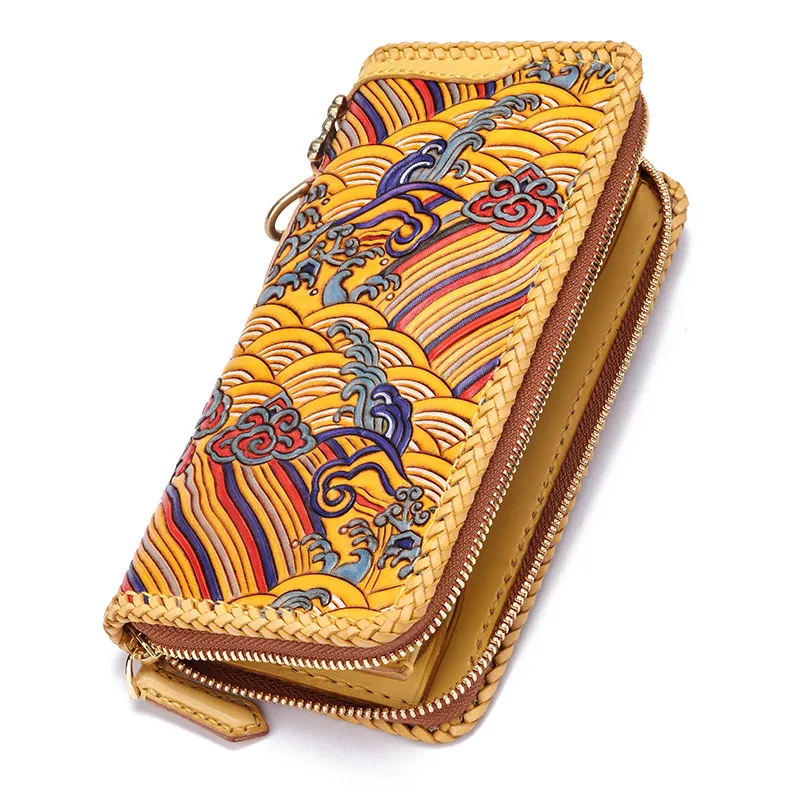 Handmade Genuine Leather Wave Wallets Carving Auspicious Clouds Bag Purses Women Men Long Clutch Vegetable Tanned Leather Wallet