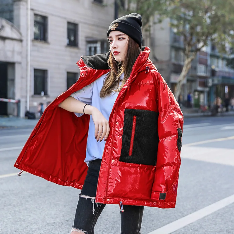 Glossy fabric thicker warm cotton coat female fashion adjustable wasit college style winter warm cotton coats for cold weather