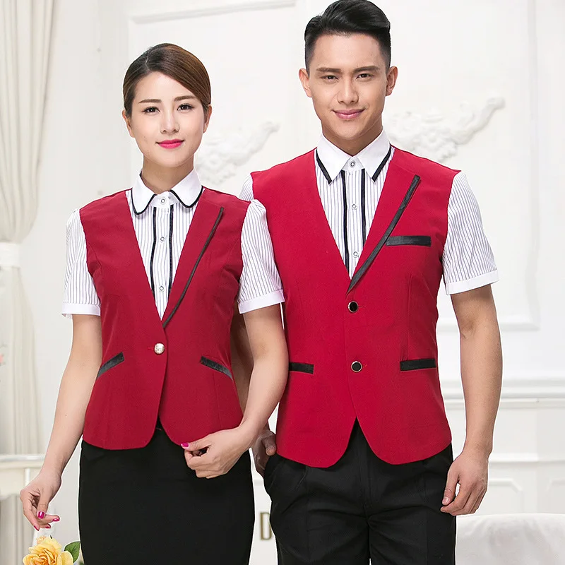 Hotel Overalls Summer Female Waitress Uniform Catering Cafe Front Vest Restaurant Short Sleeve Waiter Men Jacket Work Wear H2403