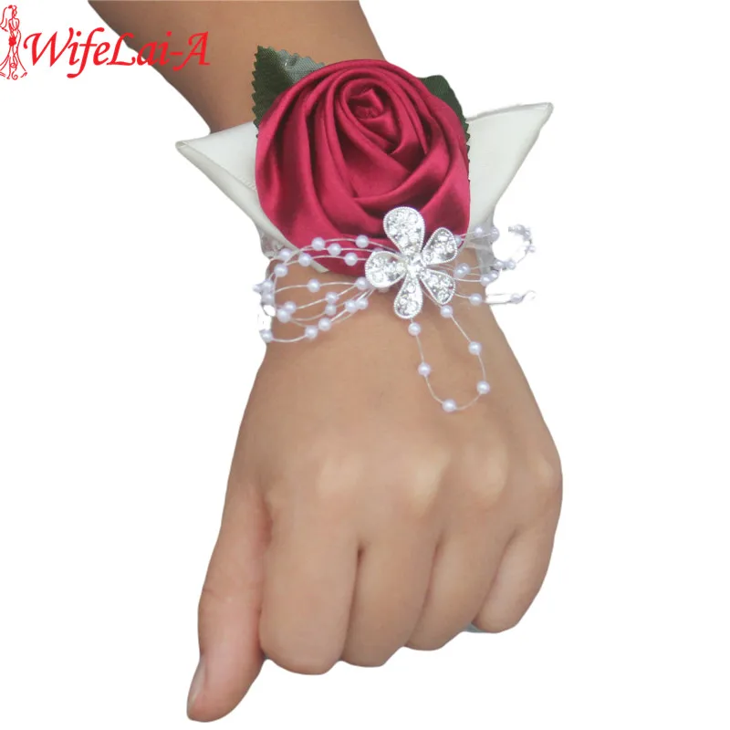 

100% Handmade Wine red Crystal Bouquet Corsage Diamond Satin Rose Flowers for Wedding Bride Wrist Flowers SW0677Y