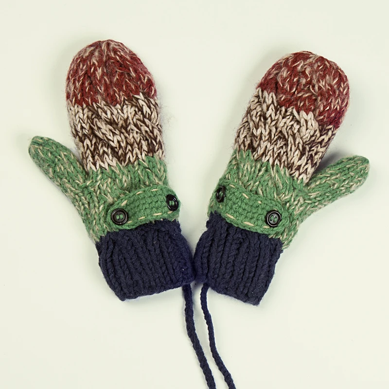 Fashion Hand-knitted Striped Winter Gloves Women Warm Wool Inside Cashmere Thick Mittens For Women Female Button Hanging Rope