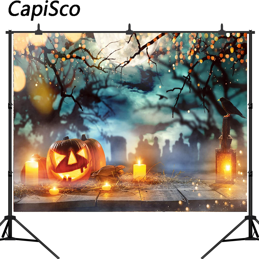 

Capisco Halloween Graveyard Vinyl Photography Backdrop Floor Candles Lantern Pumpkin Moon Photo Background Studio Prop