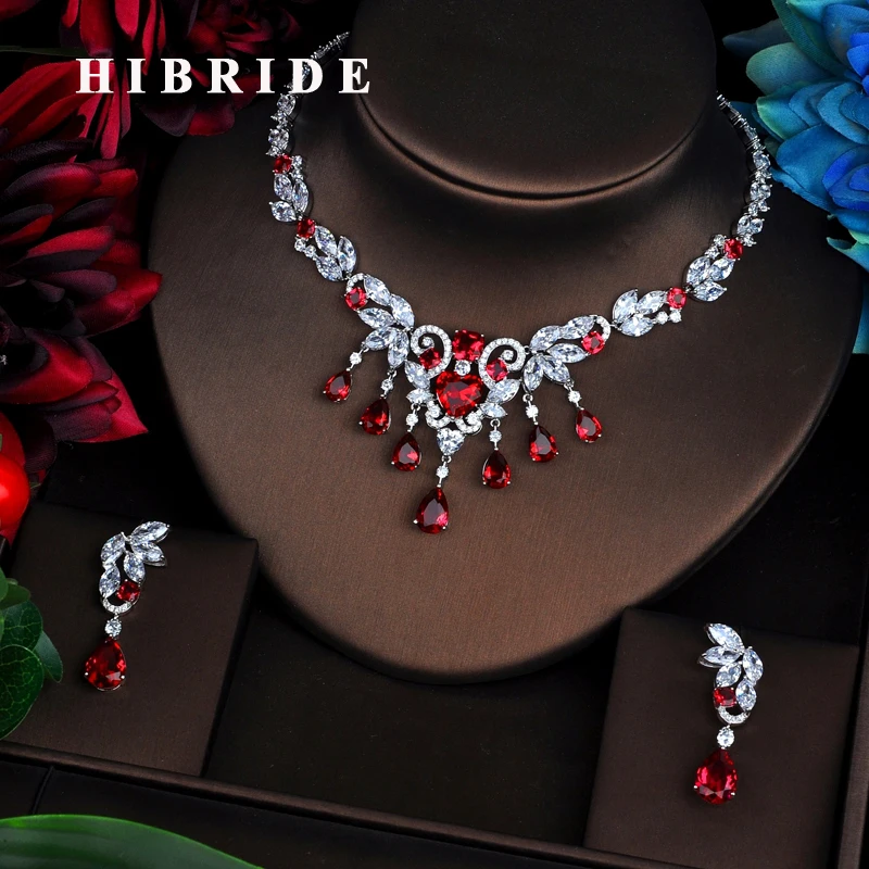 

HIBRIDE Red Flower AAA Cubic Zircon Women Bridal Jewelry Sets Wedding Necklace Sets Accessories Bijoux Mariage Gift N-526