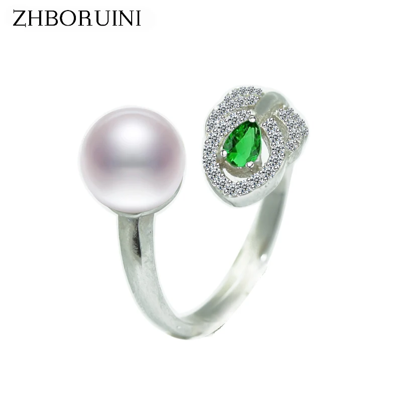 

ZHBORUINI 2019 Fashion Pearl Ring 925 Sterling Silver Jewelry For Women Feather Zircon Round Rings Natural Freshwater Pearl Gift