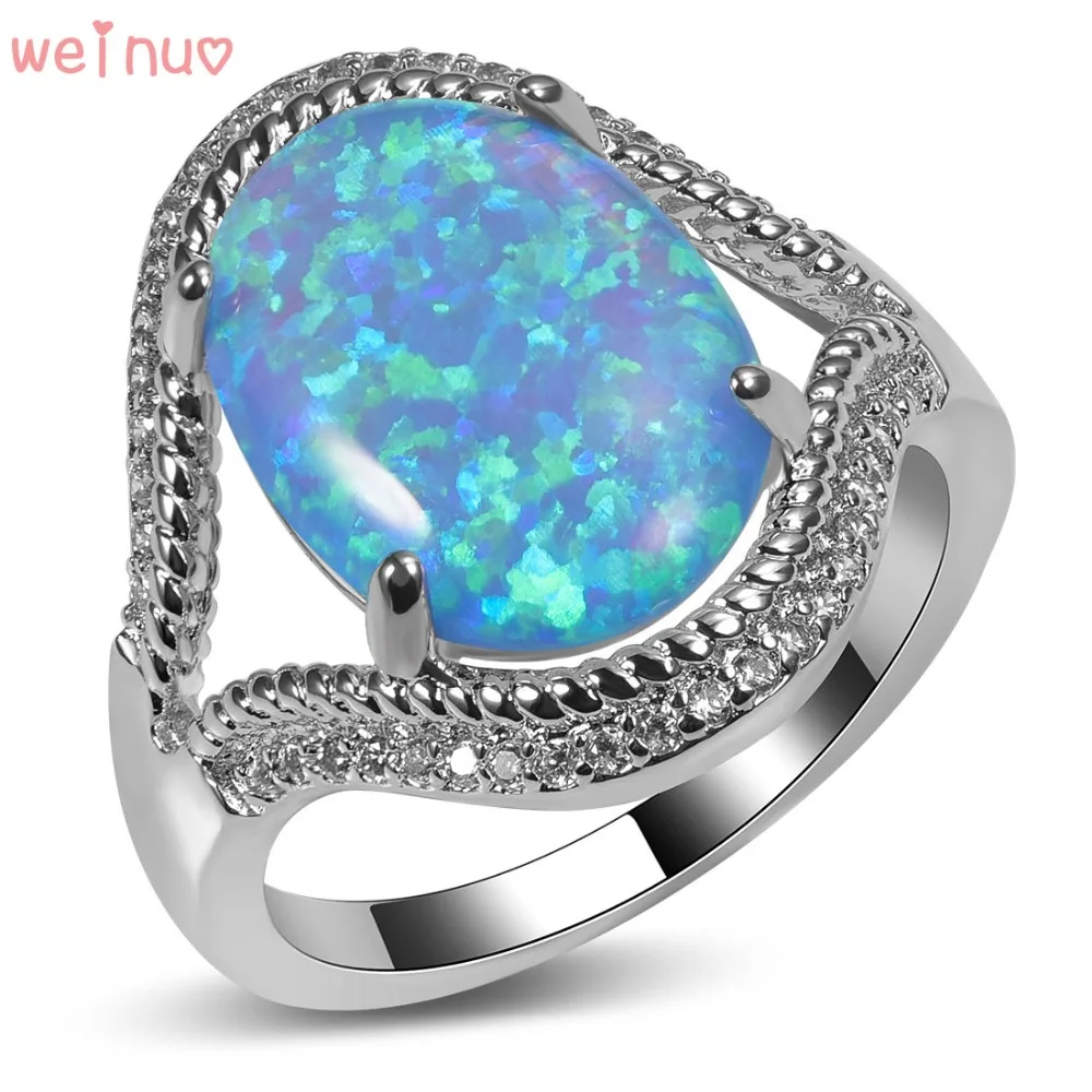 Weinuo Blue Fire Opal White Crystal Ring 925 Sterling Silver Top Quality Fancy Jewelry Wedding Ring Size 5 6 7 8 9 10 11 A299