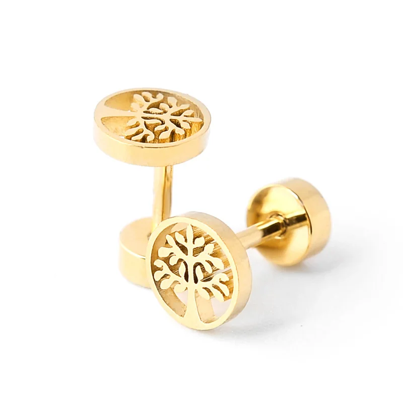 Simple Double Sided Gold Color Stainless Steel Ear Stud Cuff Earrings for Women Men Trendy Hollow Tree of Life Earrings Ears