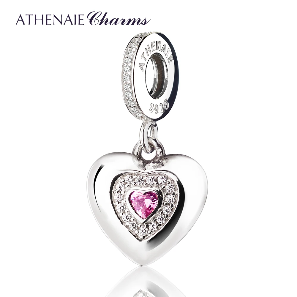 ATHENAIE 925 Sterling Silver Clear CZ Pink Heart Beloved Mother Pendent Drops Charm Beads Fit All European Bracelet