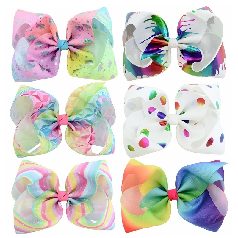 Girls Hair Clip Large Rainbow Colorful Bowknot Print Grosgrain Ribbon Hair Bows Clip Kids Handmade Hair Accessory Hairpins