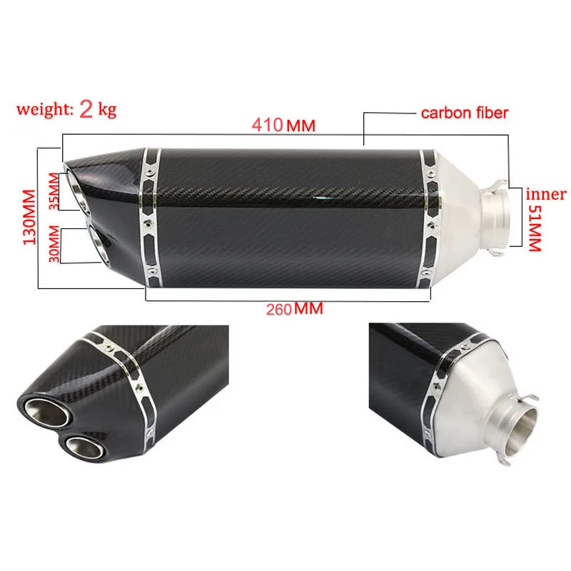 Universal 36-51MM Motorcycle Exhaust Muffler Pipe Carbon Fiber Stainless Steel Double Mouth GP Scooter Motorbike Pipe YO006