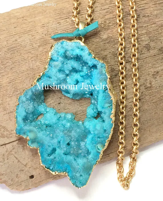 Blue Druzy Freeform Crystal Pendant  Long Gold Chain Necklace Agates Geode Slab  Boho  Druzy Drussy Bohemian Necklace