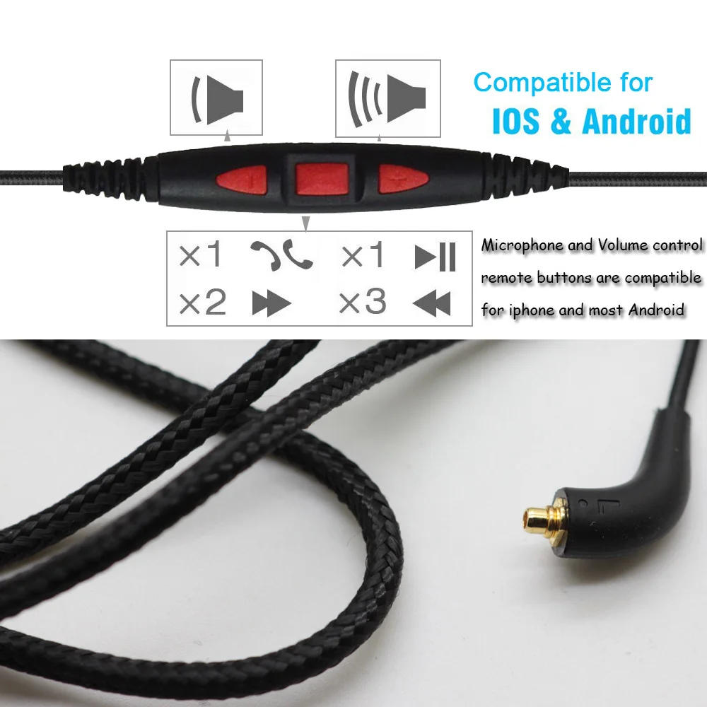 Shure SE215 315 SE425 SE535 SE846 용 포야투 이어폰 케이블 코드, 원격 마이크 포함, 볼륨 조절, 삼성 아이폰 안드로이드용