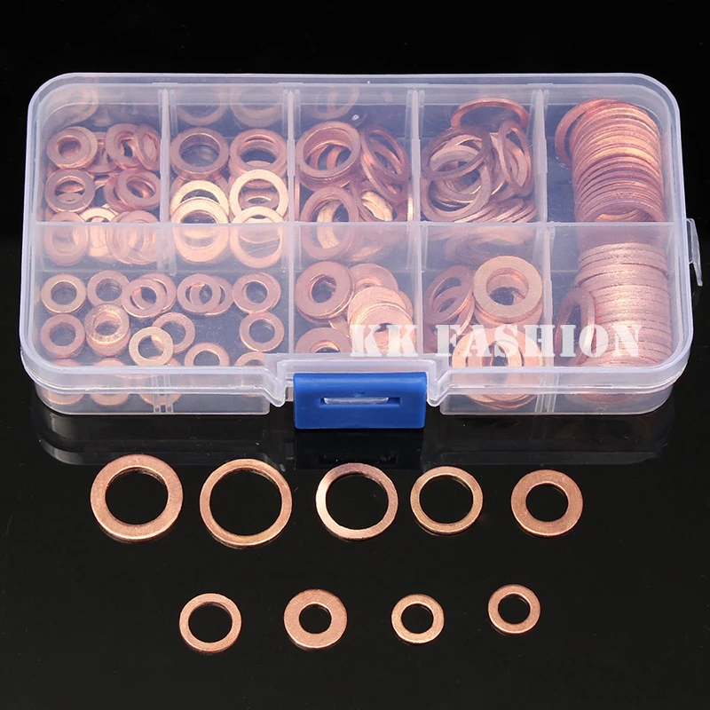 200pcs/Set M5-M14 Solid Copper Washers Flat Ring Sump Plug Oil Seal Assorted Set Professional Hardware Accessories Kit with Case