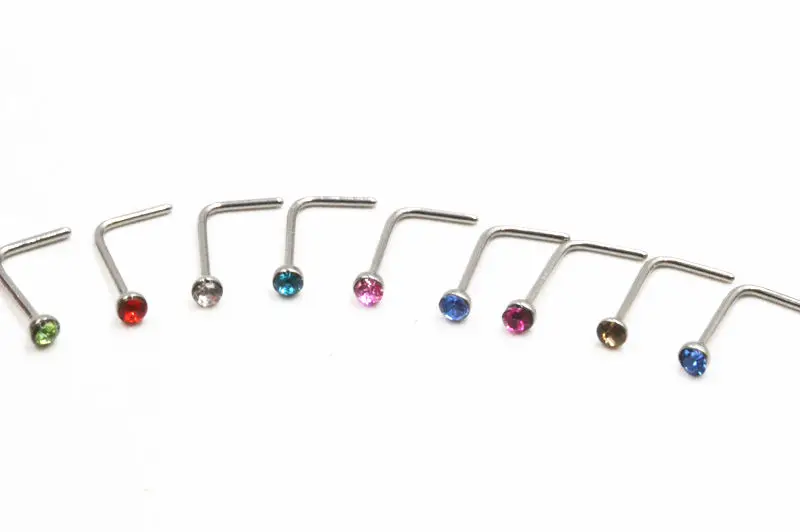 

100pcs/lot Crystal Gems Nose Rings 22G Nostril Nose Ring Screw Studs Body Piercing Jewelry Mix Colors L Shape