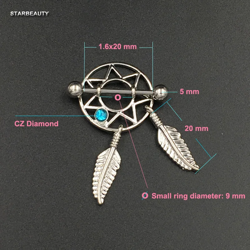 2pcs/order 14G Star Leaves Nipple Piercing Pezon Sexy Dream Net Nipple Ring Blue Pink Nipple Piercings Crystal Pircing Jewelry