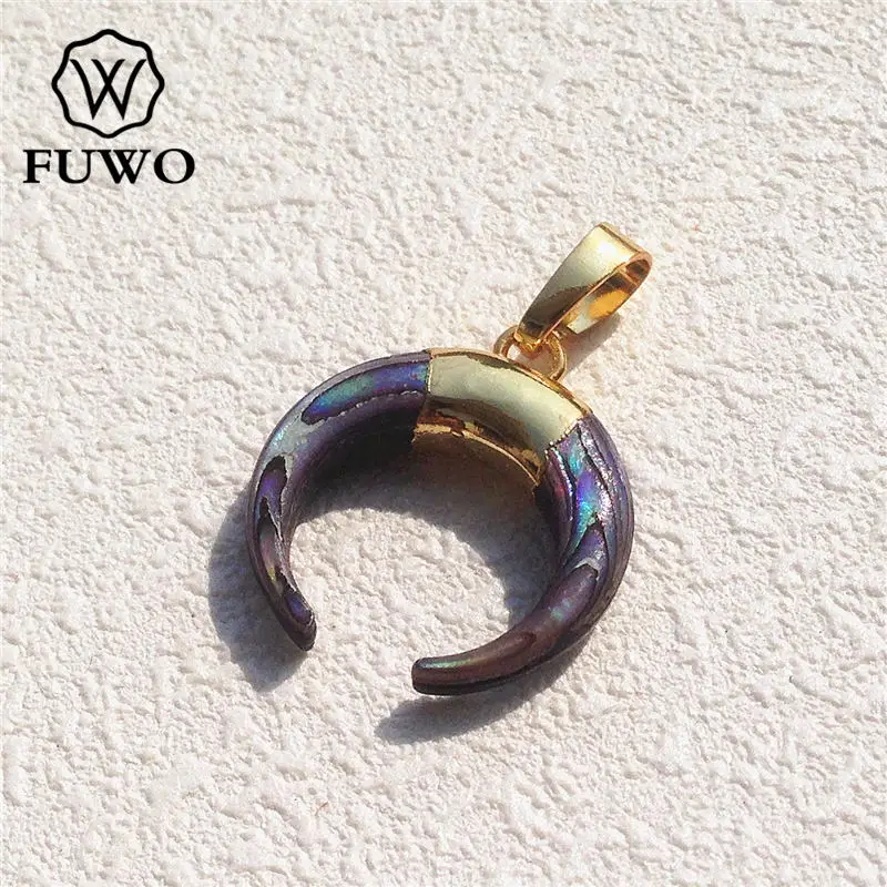 FUWO Wholesale Natural Abalone Shell Crescent Pendant,Golden Plated Double Horn Accessories For Jewelry Making 5Pcs/Lot PD523