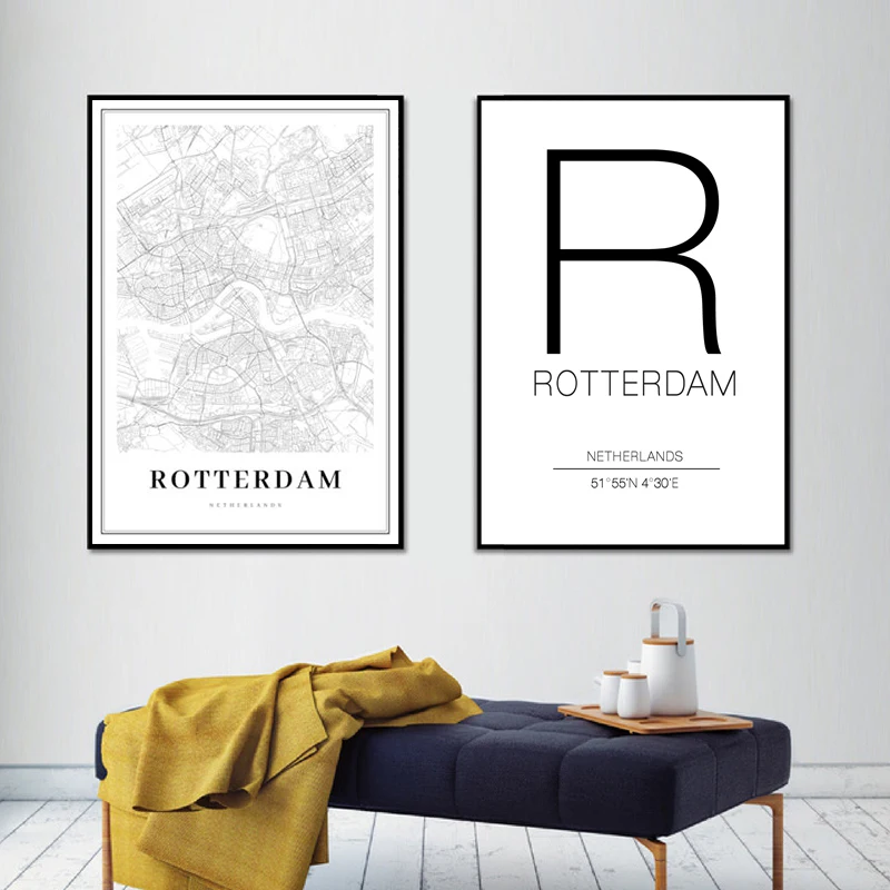 Rotterdam City Map Netherlands Black and White Prints Art Canvas Painting Posters Wall Art Pictures for Living Room Home Decor