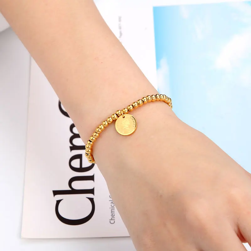 High Quality Elastic Rope Bead Bracelet Round Queen Head Bracelet For Women Stainless Steel Retro Jewelry Gift