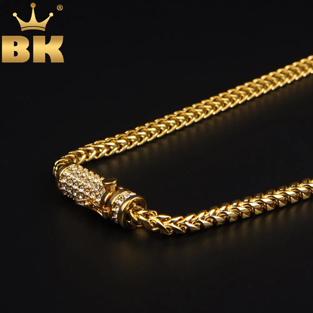 THE BLING KING Trendy Mens Franco Chain Necklace Upgrade Rhinestones Box Clasp Stainless Steel Necklace Hiphop Jewelry Wholesale