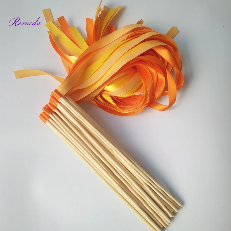 

New arrived 50pcs/lot orange and yellow stain Wedding Ribbon Wands stick without Bells for wedding decoration