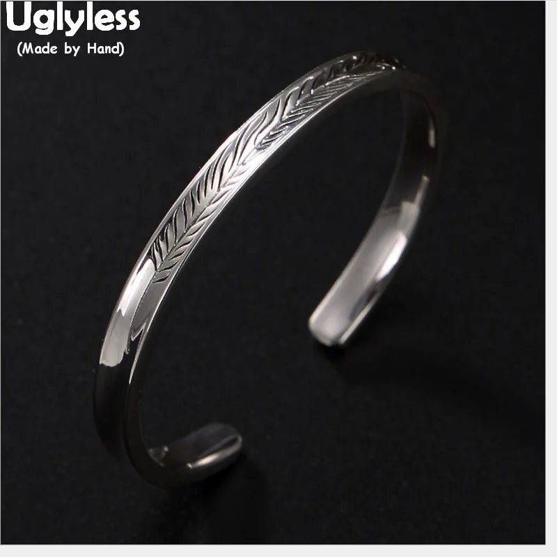 

Uglyless 100% Real Solid 999 Full Silver Feather Bangles for Women Thai Silver Leaf Open Bangle Square Fine Jewelry Handmade