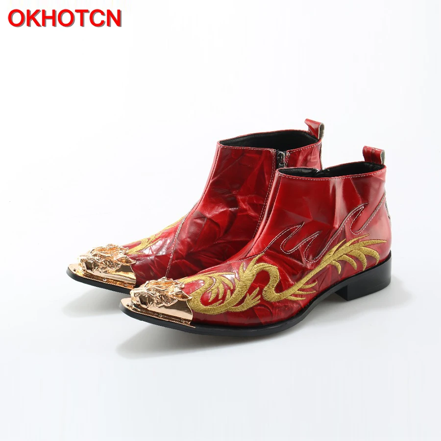 

Fashion Genuine Leather Winter Shoes Men Luxury Handmade Embroider Dragon Men Boots Side Zip Pointed Toe Square Heel Ankle Boots