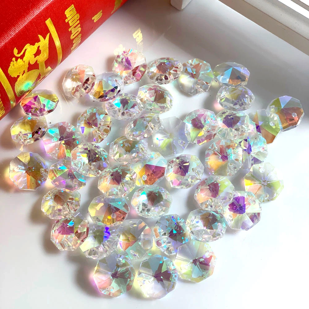 14mm 100pcs/lot (Free Metal Rings) Glass Octagon Chandelier Lamp Parts in Two Holes DIY Accessories Crystal Curtain Bead Decor