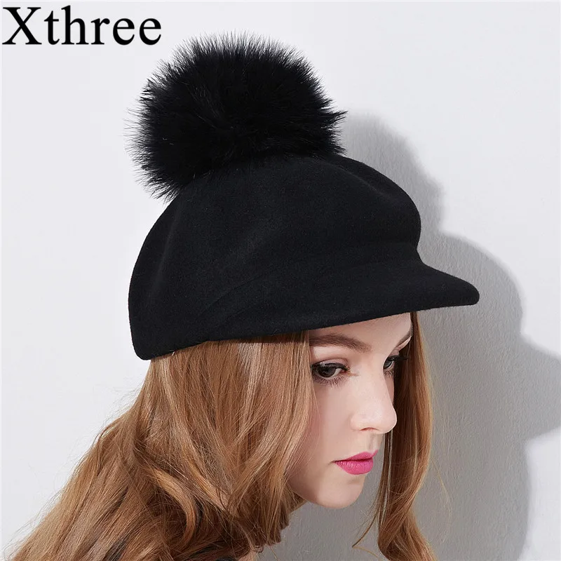 Xthree women's wool octagonal cap winter hat with visor fashion cap with Ostrich fur pom pom