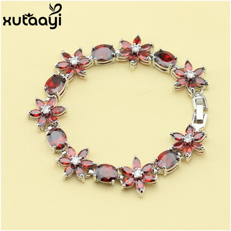 Made in China flower Red Created Garnet White Crystal,  Silver Chain-Link Bracelet Women Fashion Health Jewelry Length 19 cm