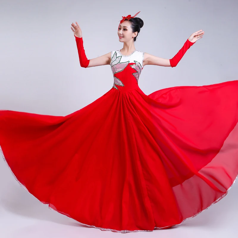 Red Long Full-skirt Opening Dance Big Swing Dress Spanish Bullfight Performance Dance Costume Stage Sequin Dancing Costume H589