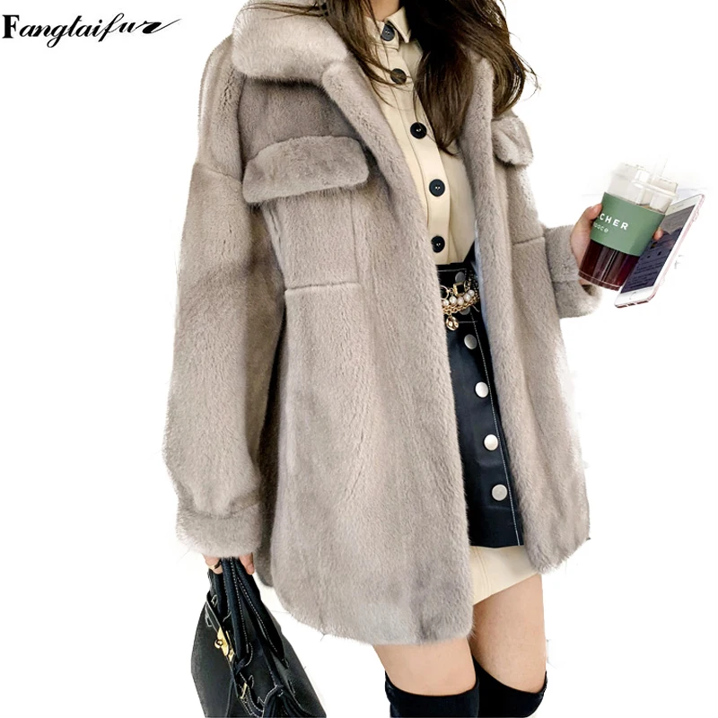 

Ftangaiur Winter Women Import Velvet Mink Fur Coat Turn-Down Collar Slim Pockets Mink Coats Women's Medium Real Mink Fur Coats