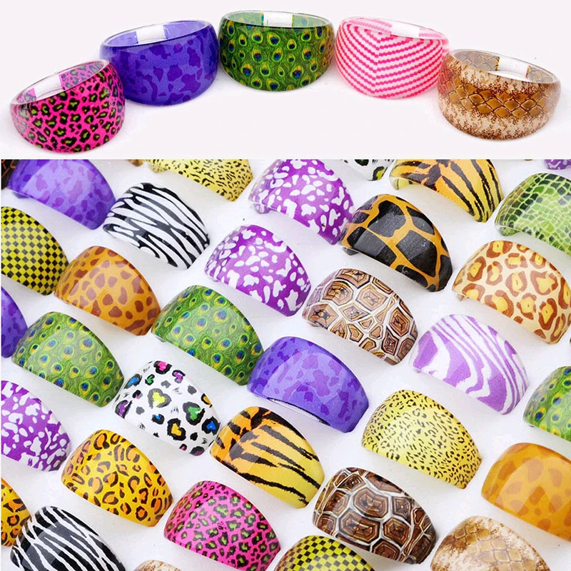 Wholesale 10pcs Resin Animals Skin Styles Costume Rings For Women Girls Bulk Lots Mix Colorful Vintage Jewelry Cheap Drop Ship