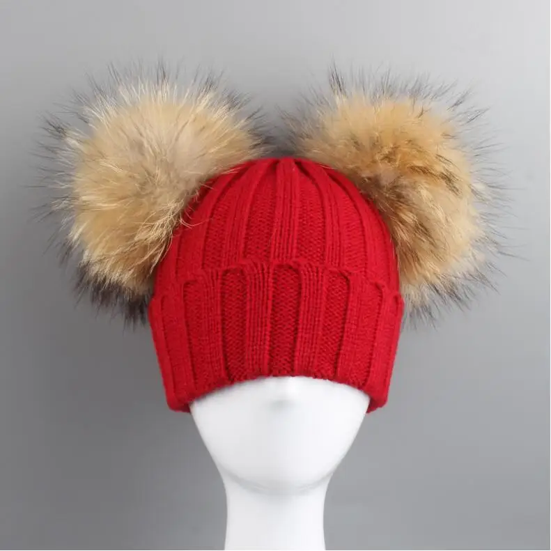 

Adult Kids Pompom Hats Super-large Double-hair-ball Cap Winter Warm Ear Protect Hats Female-treasure Knitting Cap Adjust A49