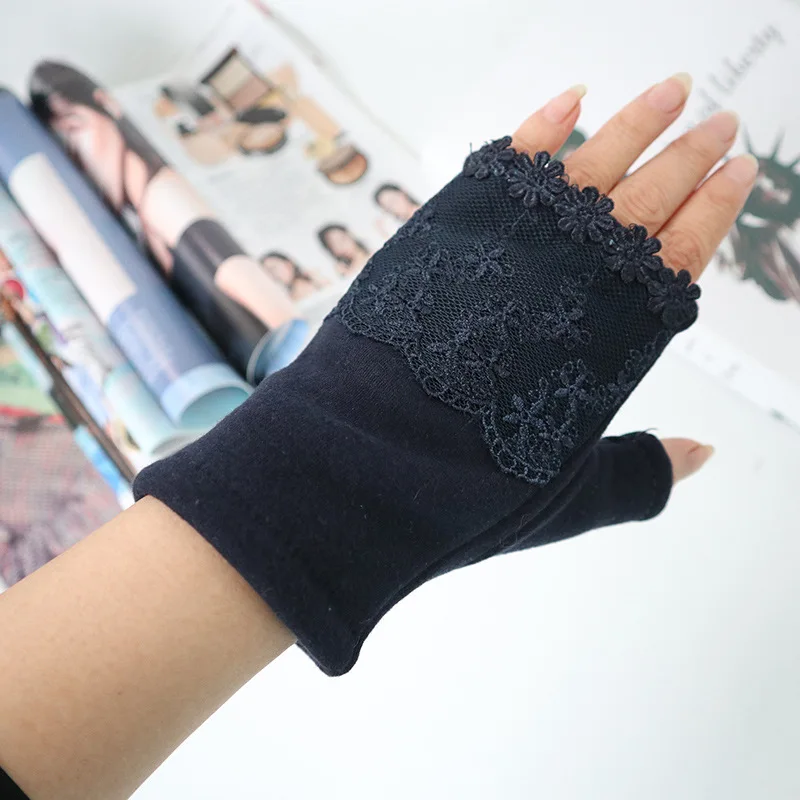 Fashion Semi-Finger Women Gloves Thicken Plush Lined Sweet Lace Half Finger Fingerless Mittens Female BL001N