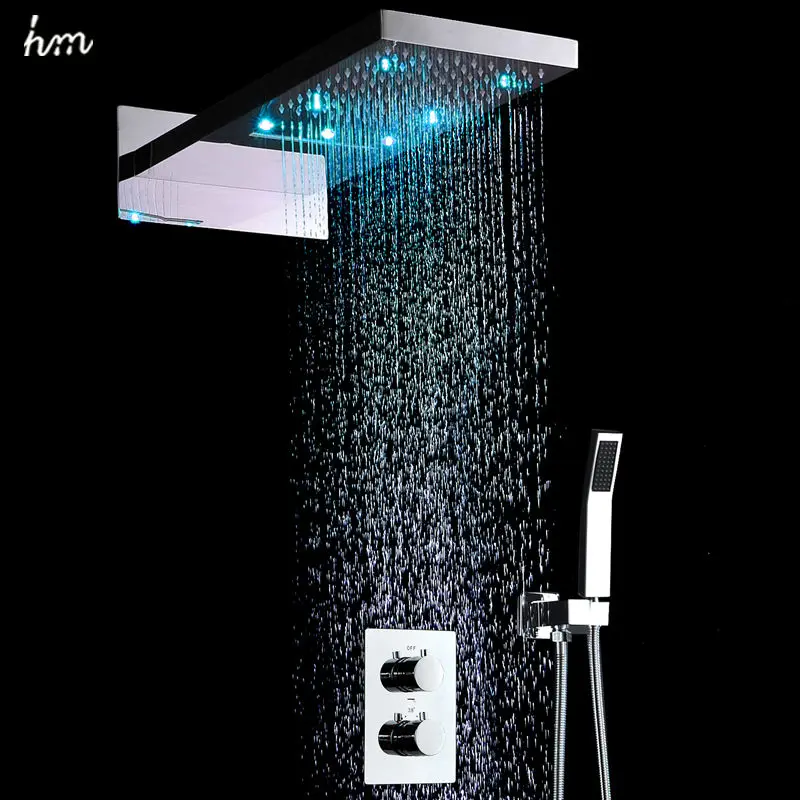 

hm 22" LED Shower Set Water Saving Waterfall Showerhead Panel Thermostatic Mixer Valve Bathroom Rain Faucets System