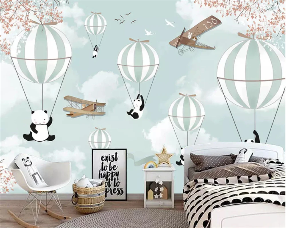 Customized size wallpaper cartoon hand painted animal hot air balloon aircraft mural Children room background wall 3d wallpaper