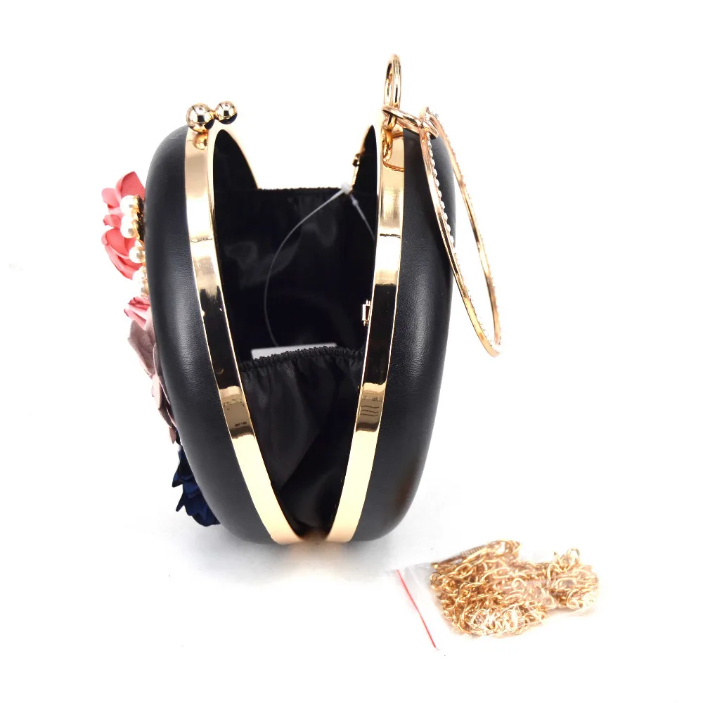 Circular pu Flower Women Clutch Evening Bag Lovely Black Wristlets Floral party Bag Wedding Bag pochette Female Handbag x55