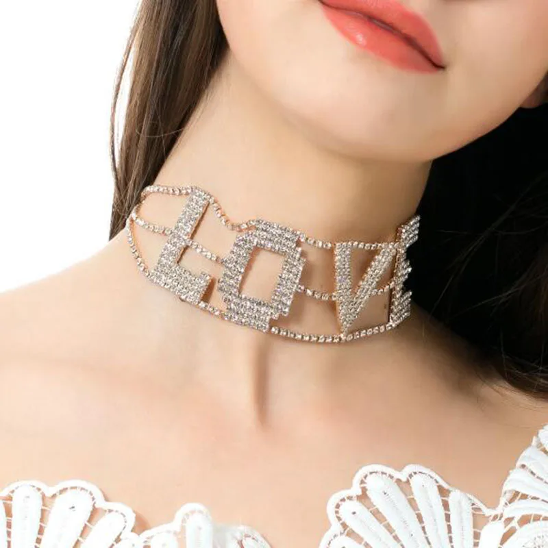 Romantic love Rhinestone Chain Choker Necklace For Women Chunky Crystal Chain Choker Collar Fashion Bridal Jewelry Colliers