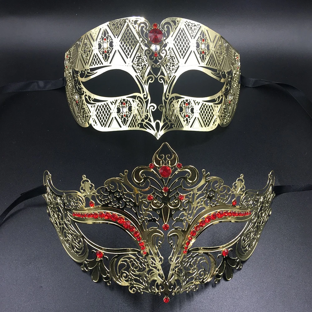 Couple Men Women Metal Filigree Masquerade Mask Venetian Costume Prom Party Ball Gold Red Rhinestones Party mask