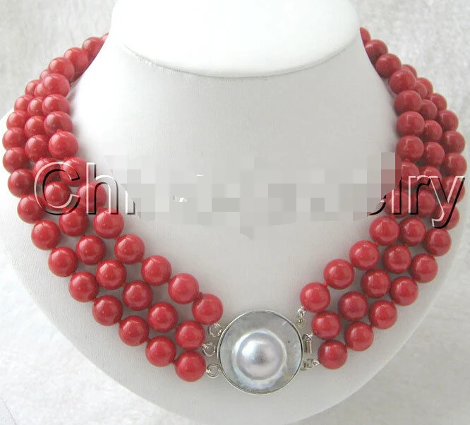 

Women Gift word Love 3row 8mm natural perfect round red coral necklace-925 silver Large beads 18inch longer