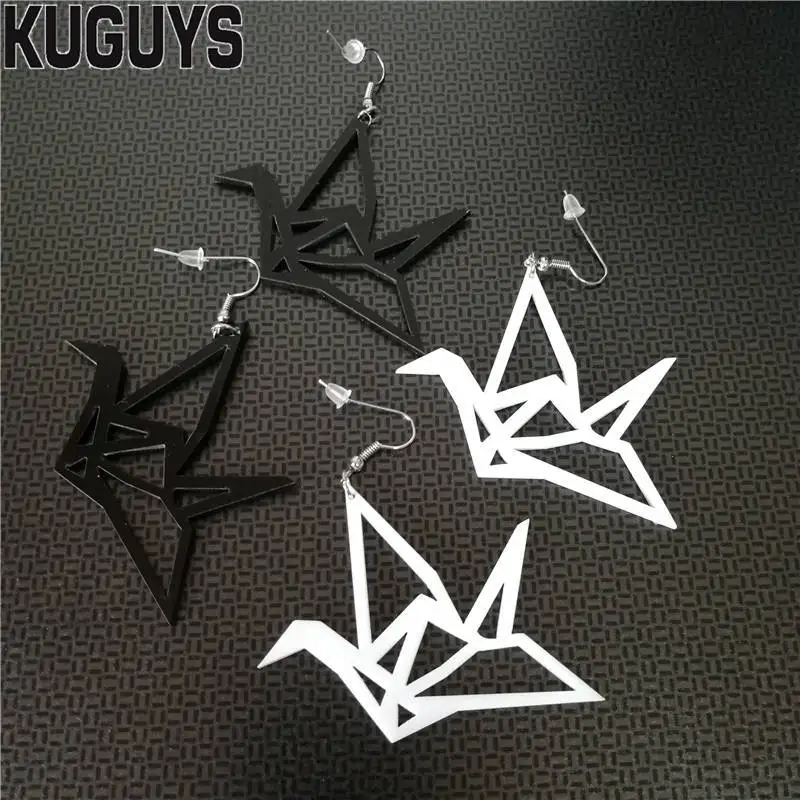 KUGUYS Paper Crane Women\'s Dangle Earrings for Women Acrylic Black White Hollow Out Jewelry Classic Accessory