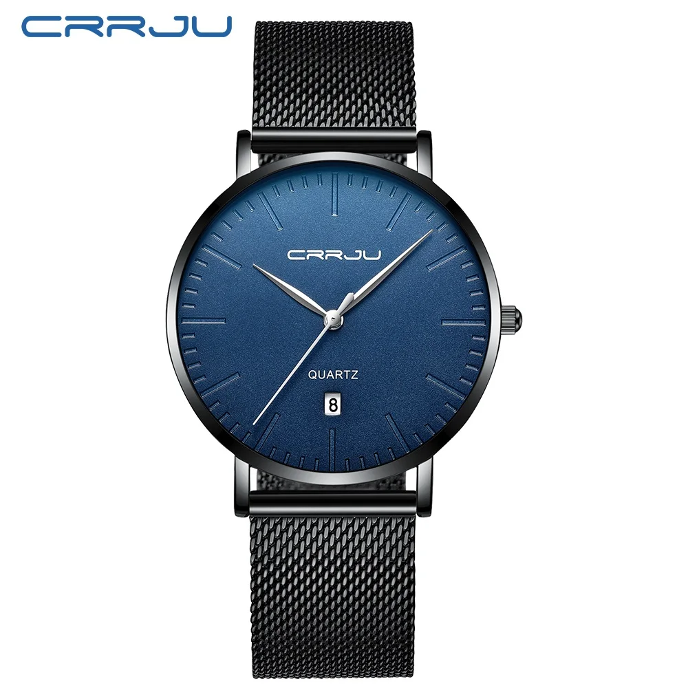 CRRJU New Fashion Men's Ultra Thin Quartz Watches Men Luxury Brand Business Clock Stainless Steel Mesh Band Waterproof Watch