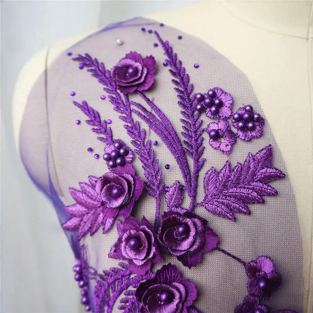 2PCS Purple Lace Fabric 3D Flower Tassel Beads Rhinestone Embroidered Wedding Gown Appliques Sew Patch For Dress DIY Decoration