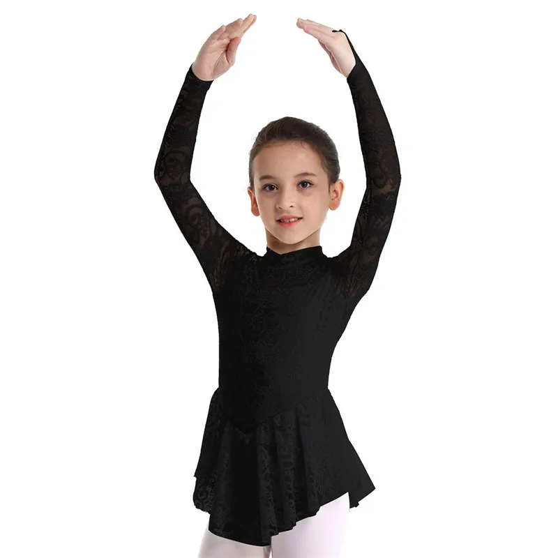 Kids Girls Floral Lace Figure Skating Dress Long Sleeves Mock Neck Girl Teens Ice Skating Ballet Gymnastics Leotard Dress